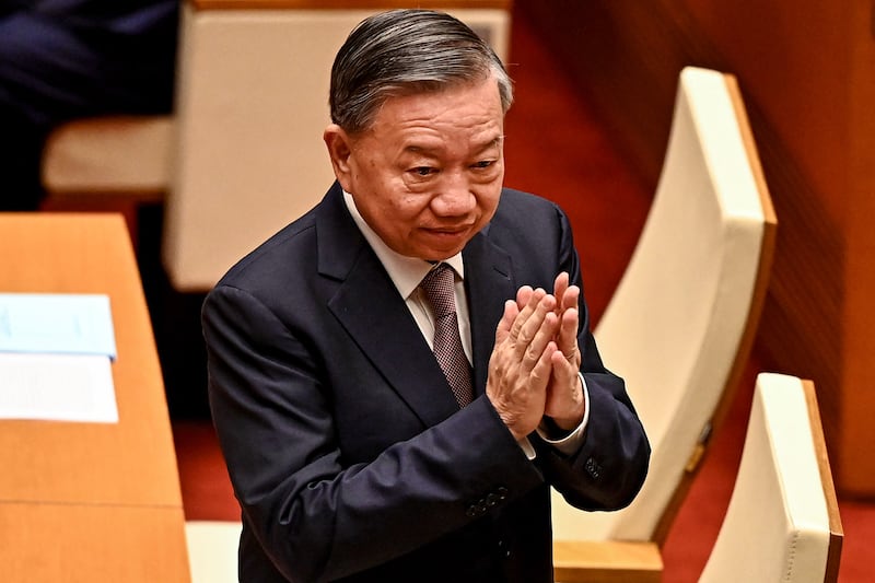 Vietnam's communist party general secretary To Lam gestures during the autumn opening session at the the National Assembly in Hanoi on Oct. 21, 2024.