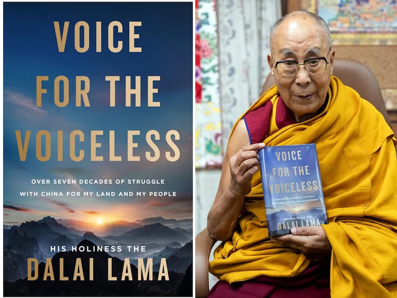 The Dalai Lama holds his new book, 'The Voice for the Voiceless: Over Seven Decades of Struggle With China For My Land and My People'.